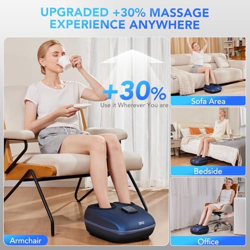 Product graphic showing the SKG YS100 in use in an armchair, on the sofa, beside the bed, and at a desk