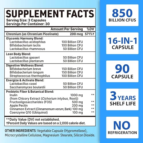 Supplement facts panel on the Tailored Wellness Men's Probiotic 50+ bottle showing the four blends and 850 billion CFU