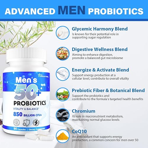 Blend benefits graphic for the Tailored Wellness Men's Probiotic 50+ describing what each blend targets