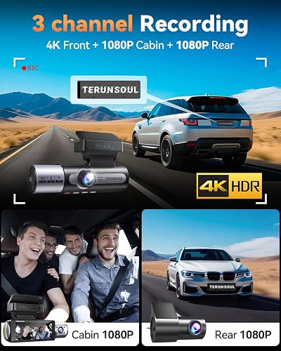 TERUNSOUL 4K 3 channel dash cam front unit, rear camera, and included mounting accessories