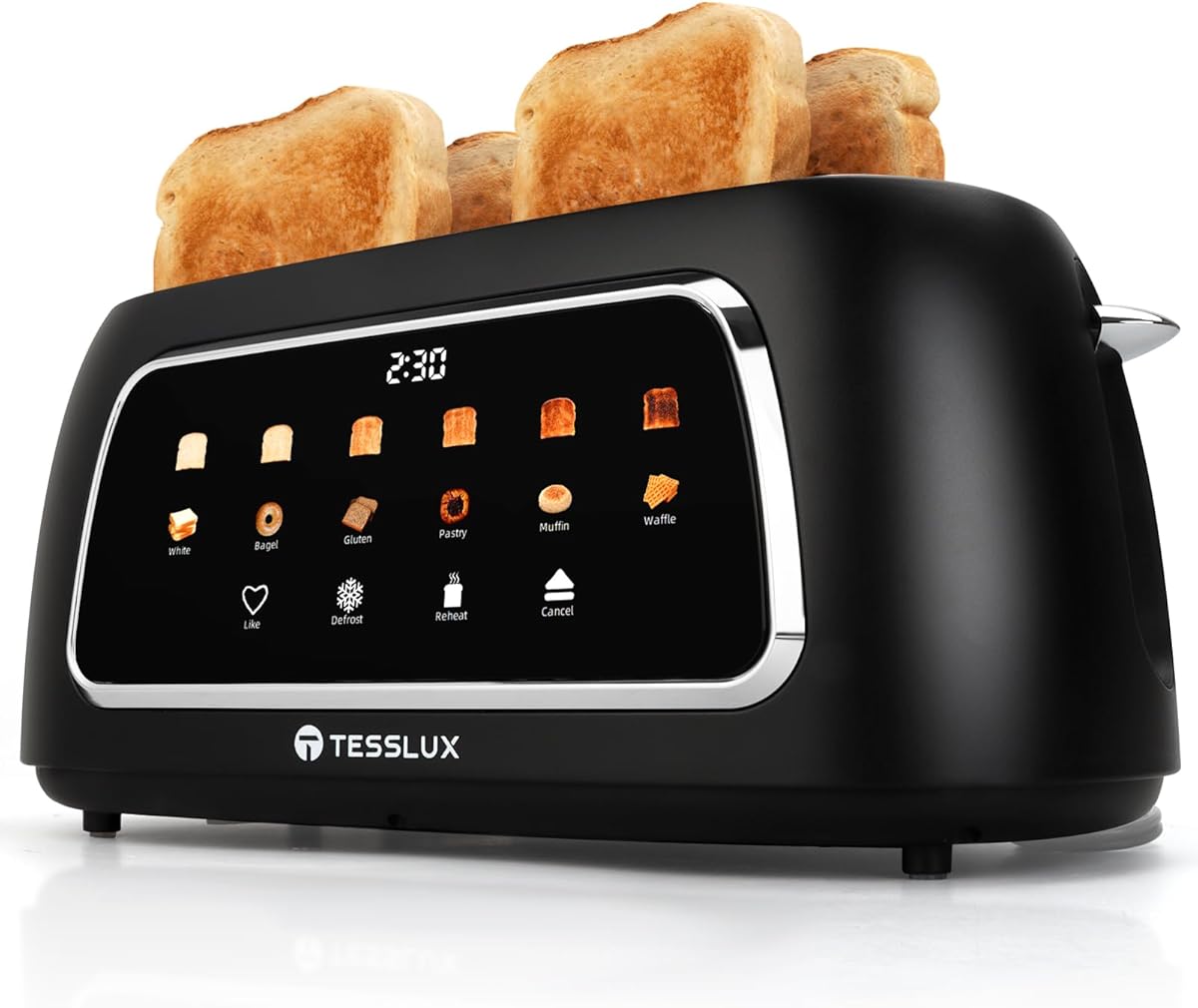 Tesslux touch screen toaster front view showing the 1.5-inch wide long slots and digital display