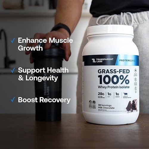 Transparent Labs Grass-Fed Whey Protein Isolate tub beside a shaker bottle on a kitchen counter
