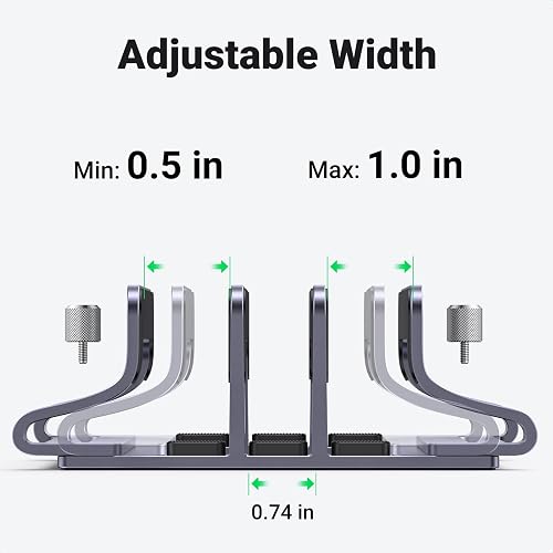 UGREEN laptop stand adjustable-width diagram showing 0.5 to 1 inch outer slots and a fixed center slot