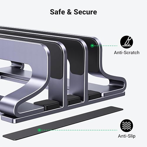 UGREEN laptop stand highlighting anti-scratch slot padding and an anti-slip base