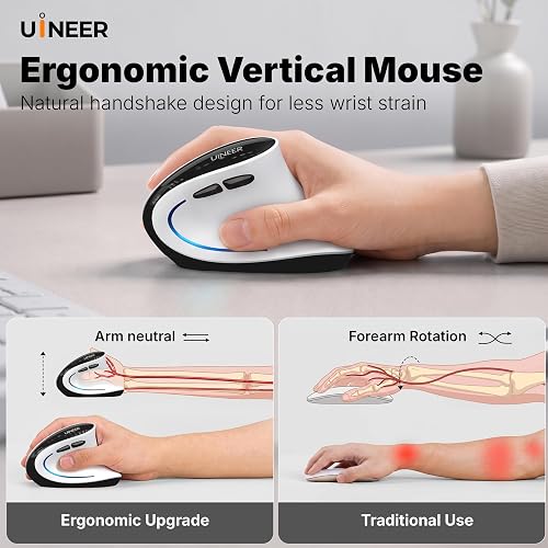 Customer photo showing the Uineer mouse in a real desk setup with a laptop