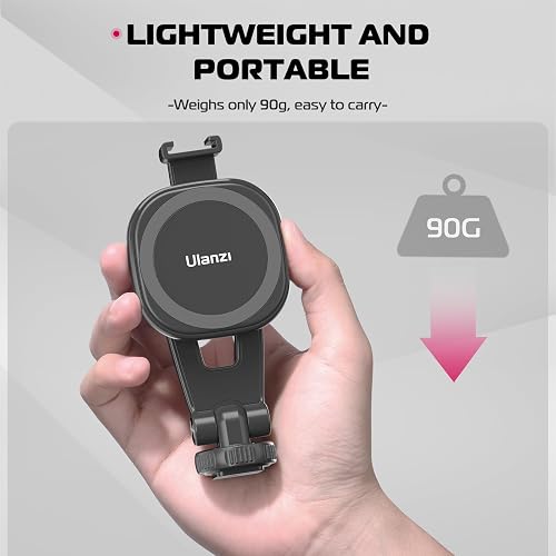 ULANZI MA23 panel highlighting the lightweight design, showing the compact mount held in one hand next to a 90-gram weight graphic