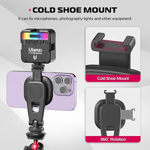 ULANZI MA23 panel showing the rotating cold shoe mount holding an RGB video light above the phone, with a callout for 360-degree rotation