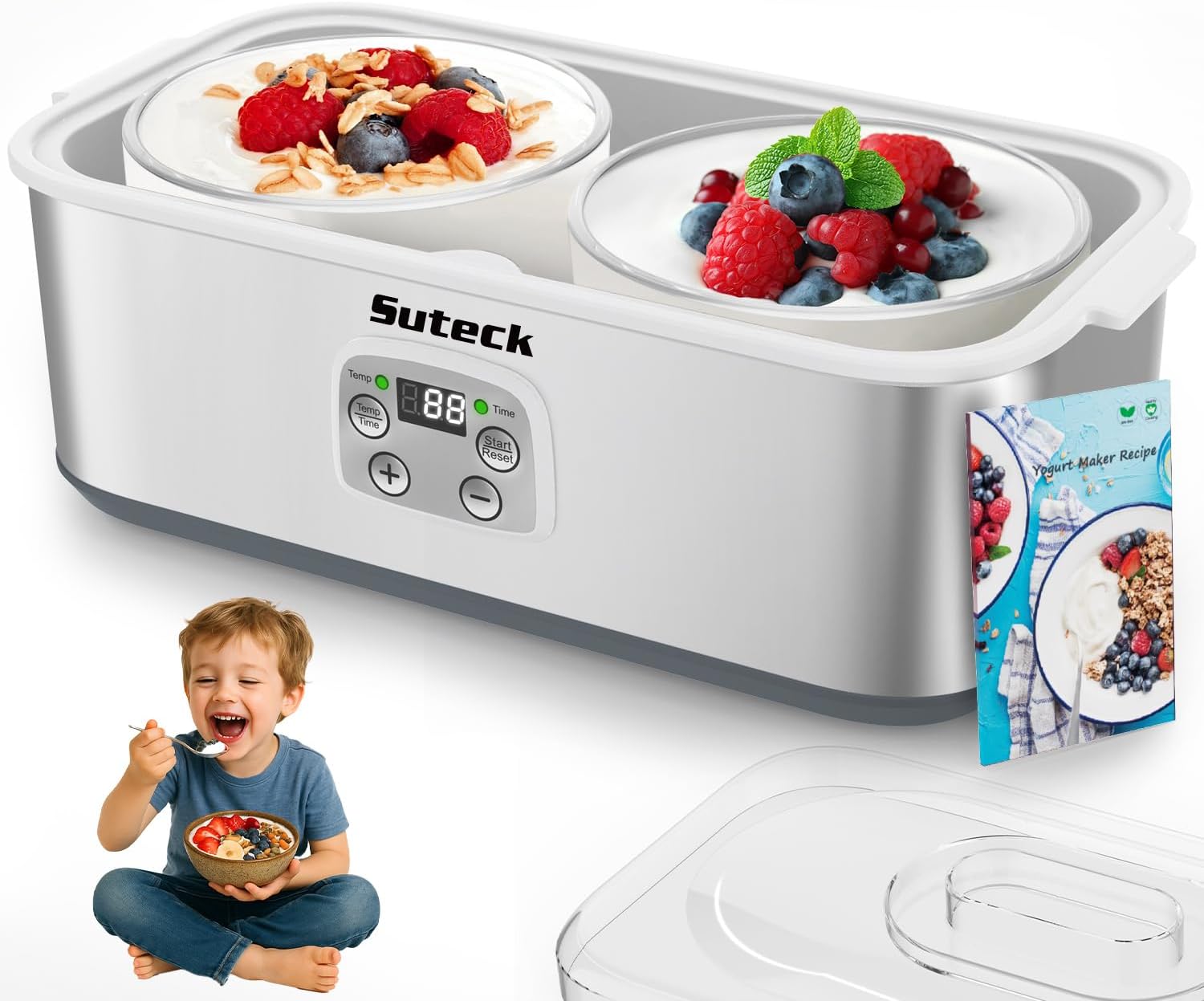 Side angle of the Ultimate Probiotic Yogurt Maker XL showing the stainless steel housing