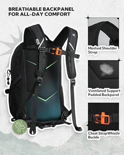 WATERFLY backpack ventilated 3D mesh back panel, padded shoulder straps, and chest strap whistle buckle
