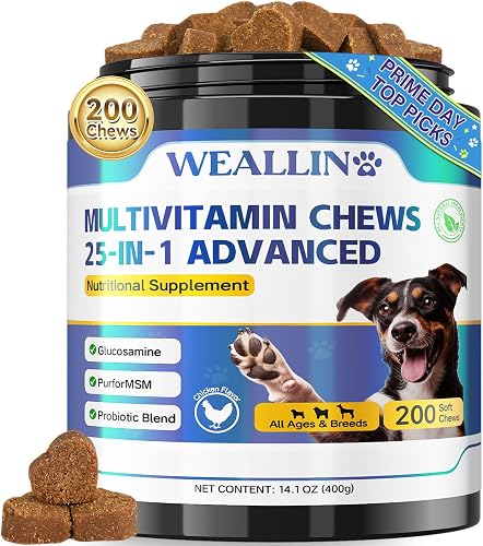 Heart-shaped WEALLIN 25-in-1 dog multivitamin soft chews poured from the 200-count tub