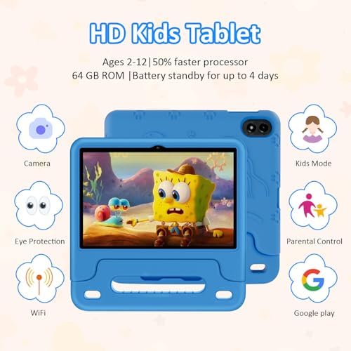 WXUNJA Android 15 Kids Tablet in its protective silicone case with stand