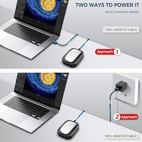 The Yonktoo Mouse Jiggler shown powered two ways — from a laptop USB port or from a wall charger