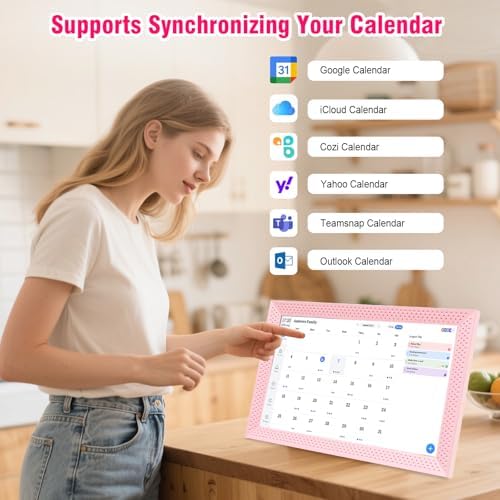 YosaToo 10.1-inch digital calendar showing a color-coded family schedule on its touchscreen display