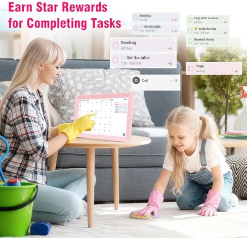 Task and reward chore chart screen on the YosaToo smart family calendar
